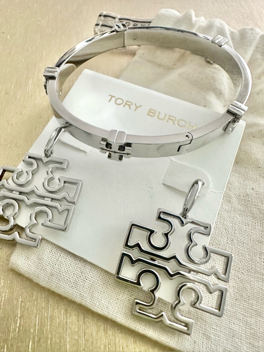 NWT Tory Burch Silver Logo Bangle with Matching Britten Logo Drop Earrings (SET)